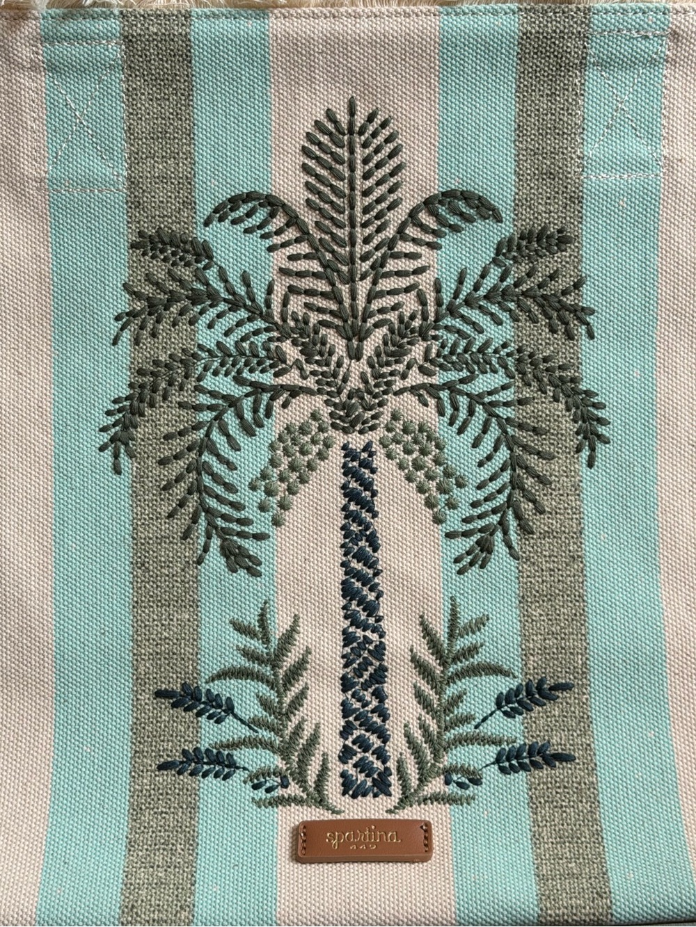 Spartina 449 Alljoy Landing Embroidered Palm Tree Striped Canvas Beach Tote - Picture 2 of 9